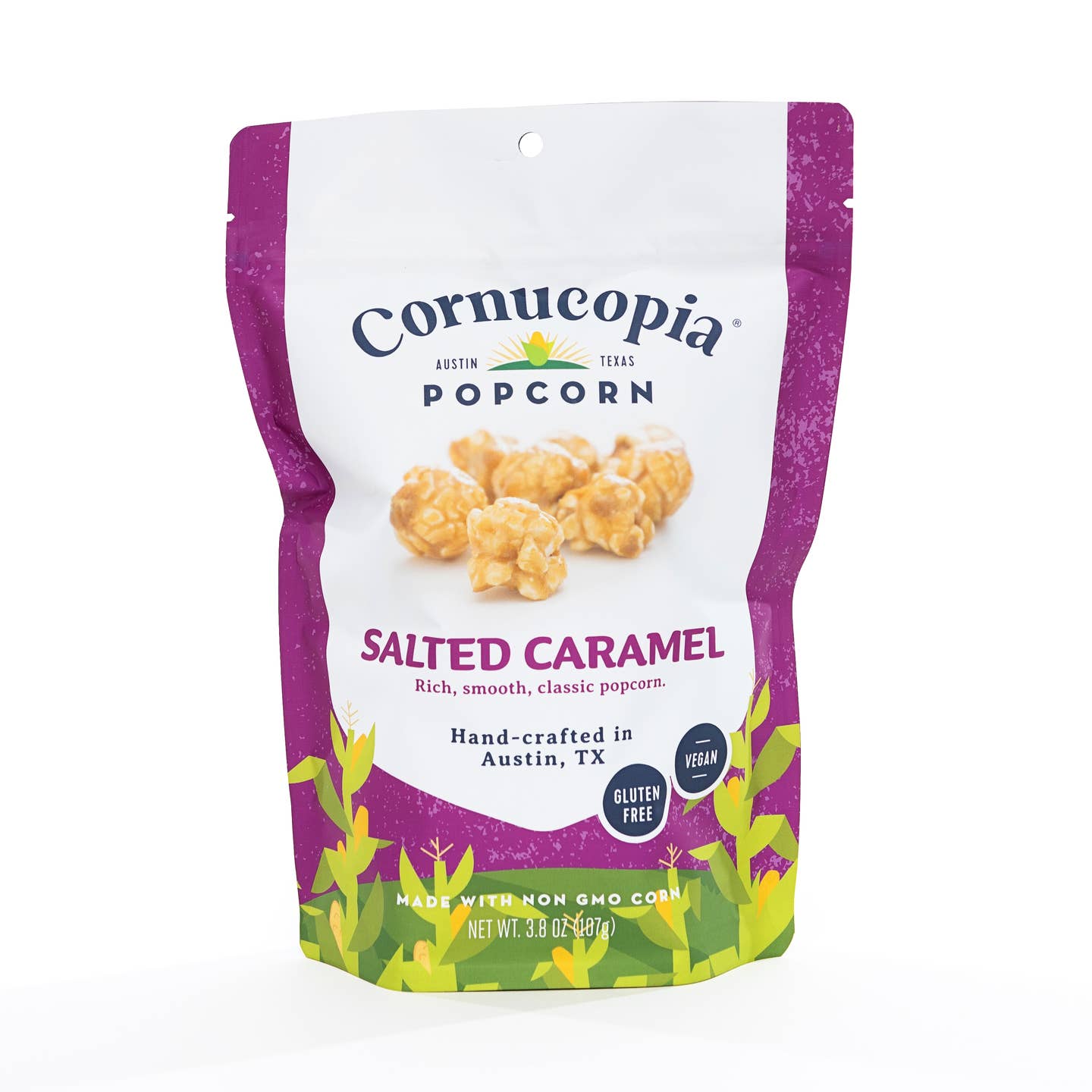 Salted Caramel Popcorn

Rich, smooth &nbsp;candied popcorn.
3 cups per bag.
Handmade with Organic Corn, pure cane sugar, NO high fructose corn syrup.
Made by Cornucopia in Austin, Texas.