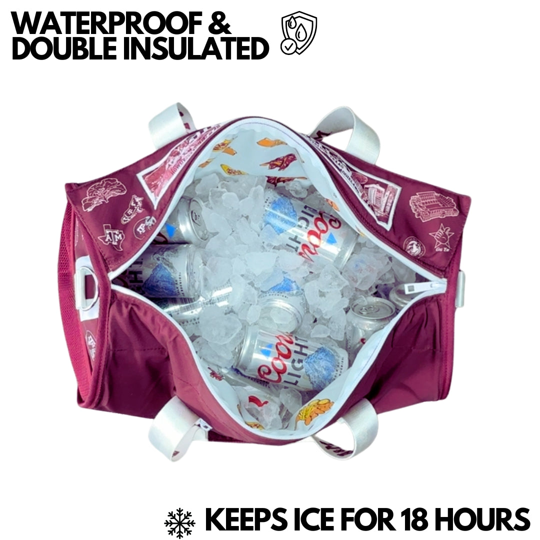 Texas A&amp;M university travel duffel bag with integrated cooler

Holds 18-30 cans; high-performance nylon exterior; double insulated; 2.5 lbs
Waterproof and leakproof; carry-on size for travel and tailgating
Made by Varsity Cooler.