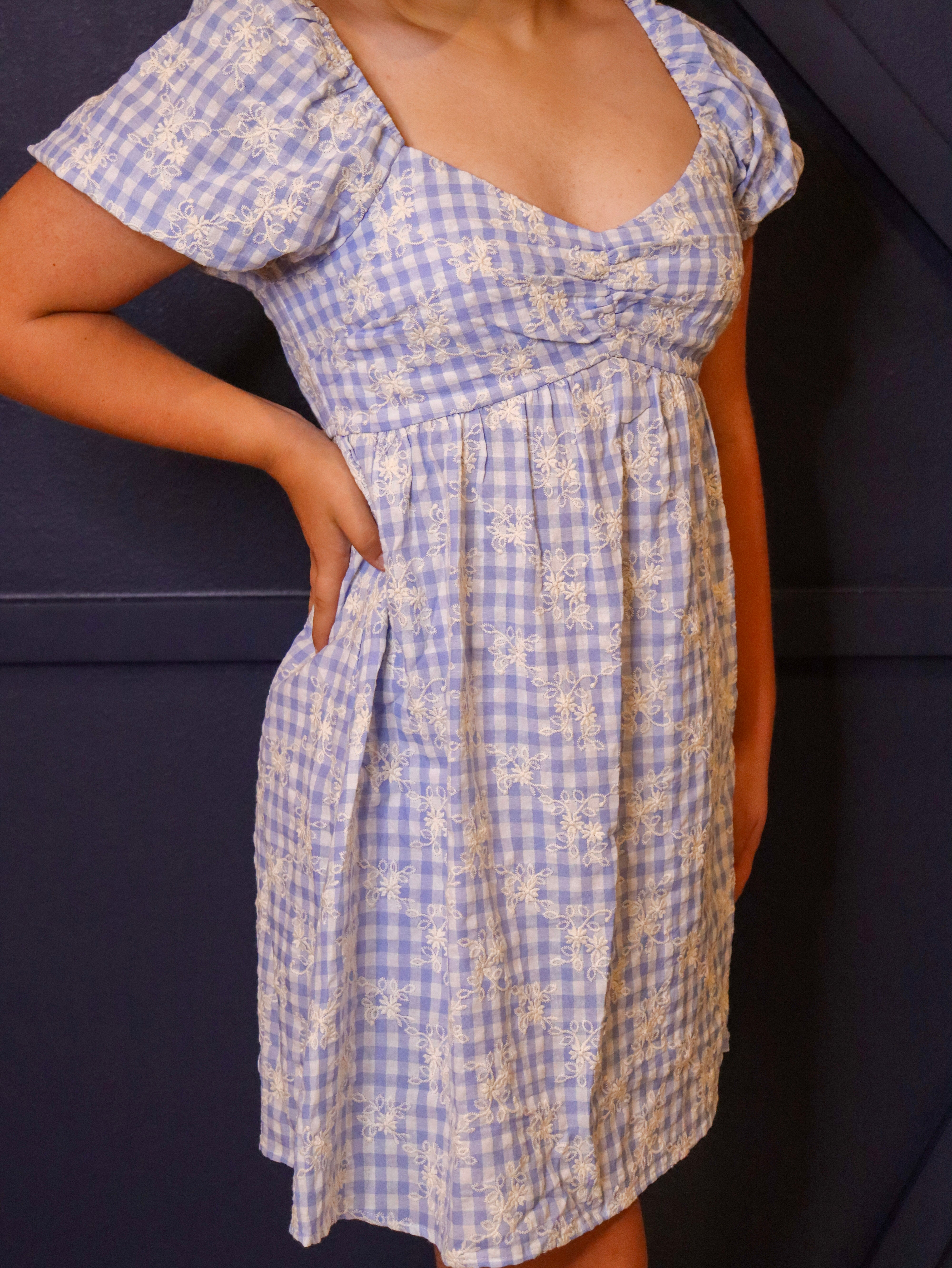 Blue gingham baby doll dress with embroidery.

Mini baby doll dress.
Sweet blue gingham with embroidery.
Small = 2-4
Medium = 4-6
Large = 8-10
70% Cotton, 30% Linen
Made by Hem and Thread.
Altr'd State
THML