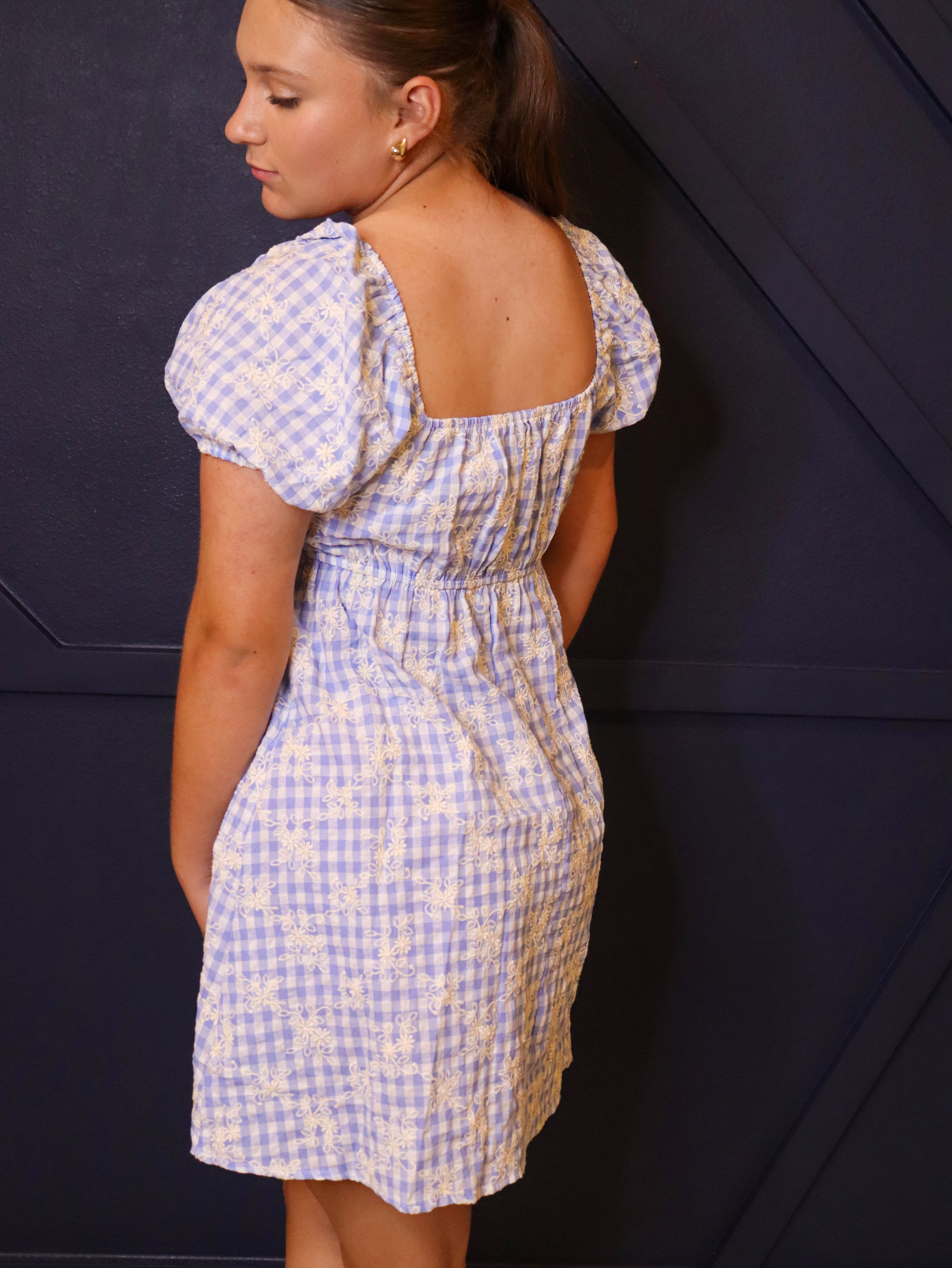 Blue gingham baby doll dress with embroidery.

Mini baby doll dress.
Sweet blue gingham with embroidery.
Small = 2-4
Medium = 4-6
Large = 8-10
70% Cotton, 30% Linen
Made by Hem and Thread.
Altr'd State
THML