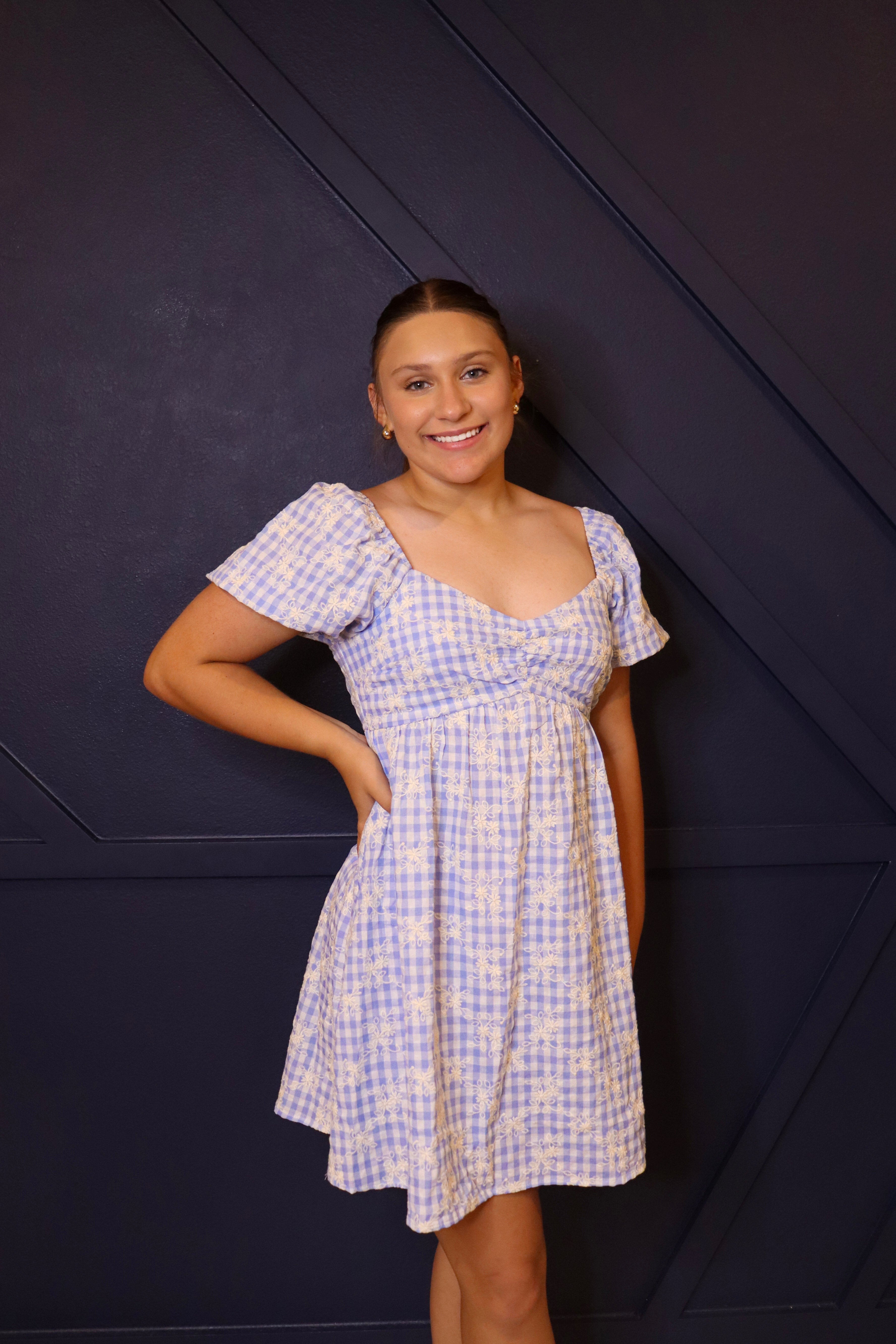 Blue gingham baby doll dress with embroidery.

Mini baby doll dress.
Sweet blue gingham with embroidery.
Small = 2-4
Medium = 4-6
Large = 8-10
70% Cotton, 30% Linen
Made by Hem and Thread.
Altr'd State
THML