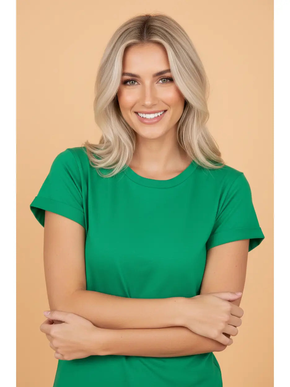 Short sleeve soft T-Shirt.

Crafted from a soft breathable polyester/cotton/spandex blend.
True to size.&nbsp;
Delicate wash, hang to dry.