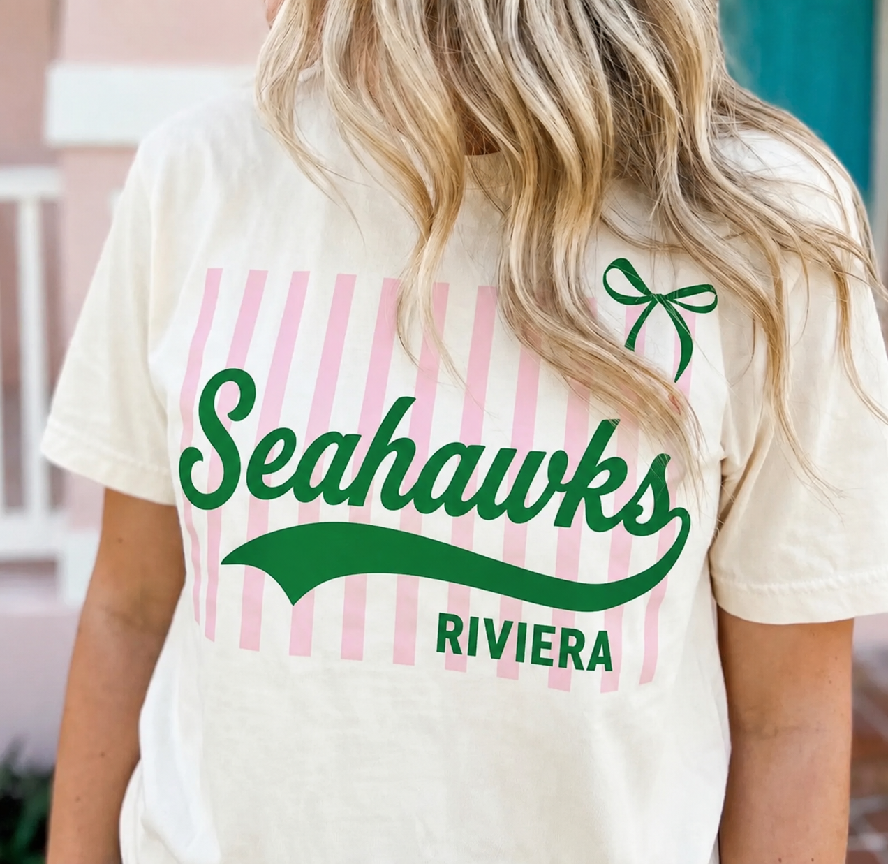 Ivory Comfort Colors t-shirt with pink stripes and Seahawk lettering &amp; bow
Relaxed fit, seamless body
100% soft ring spun U.S. cotton fabric and cotton threads