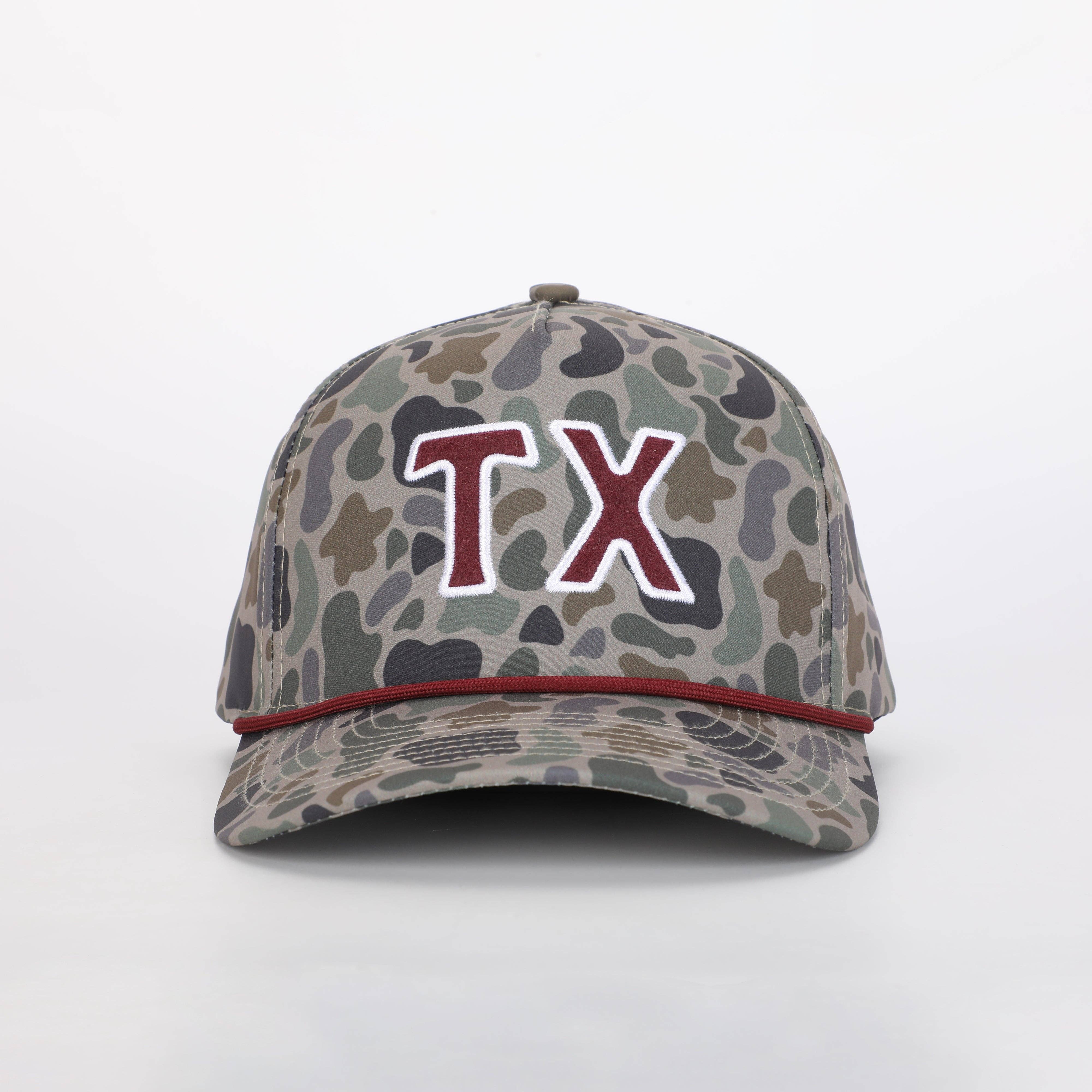 Show off your Texan pride with our TX Hat! This classic snapback cap features a TexCamo print.&nbsp;

Structured College/Golf Hat&nbsp;
Felt with Structured Stitching
Double Cloth construction for durability
Cotton/Poly Super Soft Material