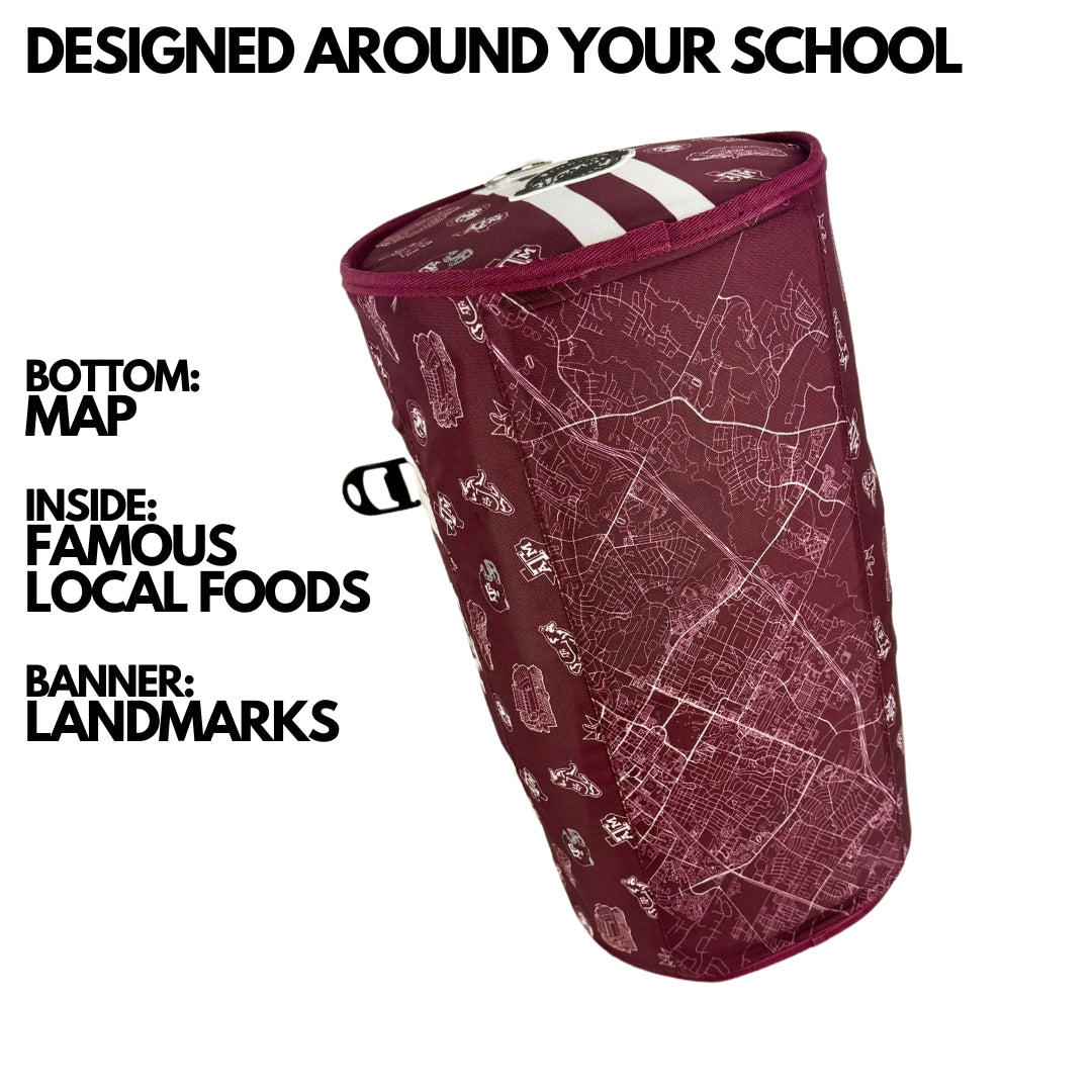Texas A&amp;M university travel duffel bag with integrated cooler

Holds 18-30 cans; high-performance nylon exterior; double insulated; 2.5 lbs
Waterproof and leakproof; carry-on size for travel and tailgating
Made by Varsity Cooler.