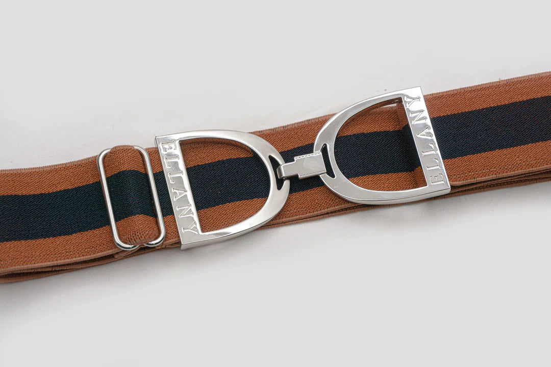 THE belt you didn't know you needed!  Cognac with navy center stripe. 1.5" elastic with beautiful silver equestrian buckle. Adjustable 24"-65"!  One size fits most. Ultra comfy, machine washable, no buckle budge, no gap in the back of your pants. Made by Ellany in the USA.