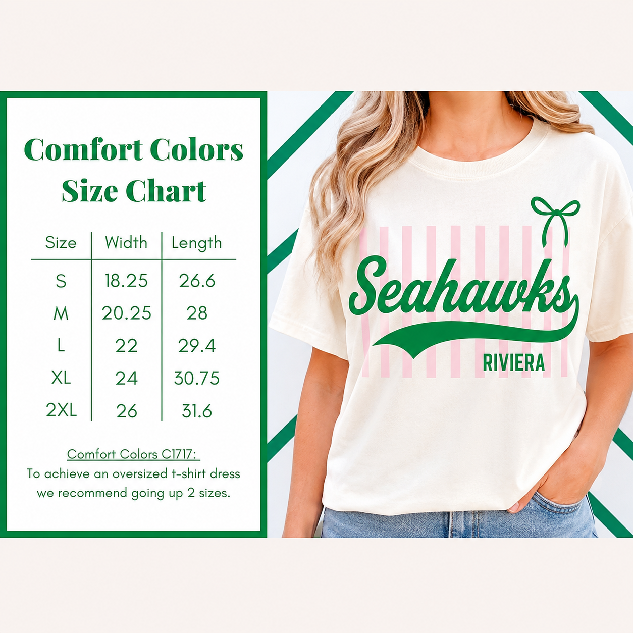 Ivory Comfort Colors t-shirt with pink stripes and Seahawk lettering &amp; bow
Relaxed fit, seamless body
100% soft ring spun U.S. cotton fabric and cotton threads