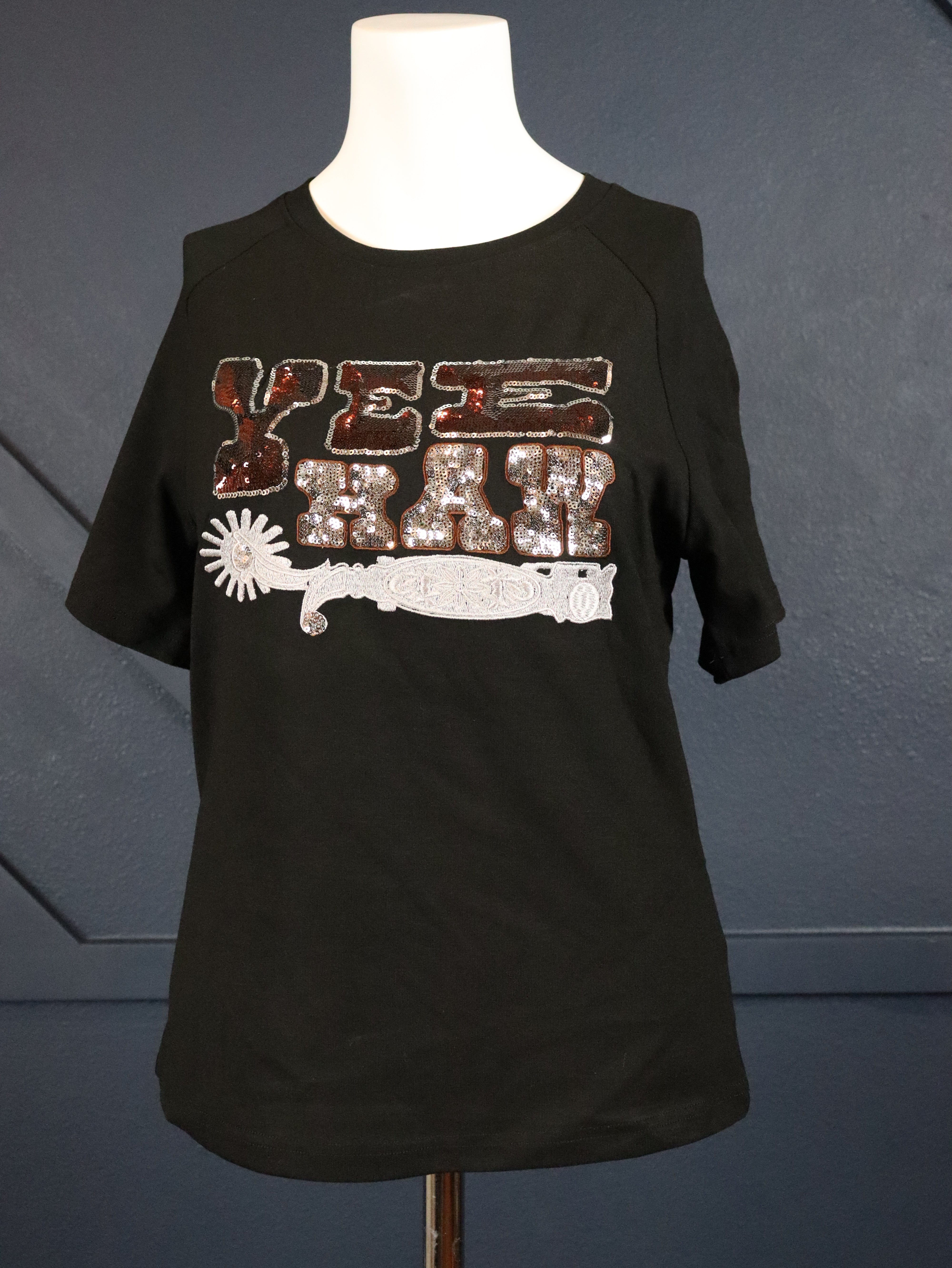 Black t-shirt with sequin Yee Haw. 
95% Rayon, 5% Spandex
Fitted.
Delicate wash inside out, tumble dry low.
Made by 2 FLY