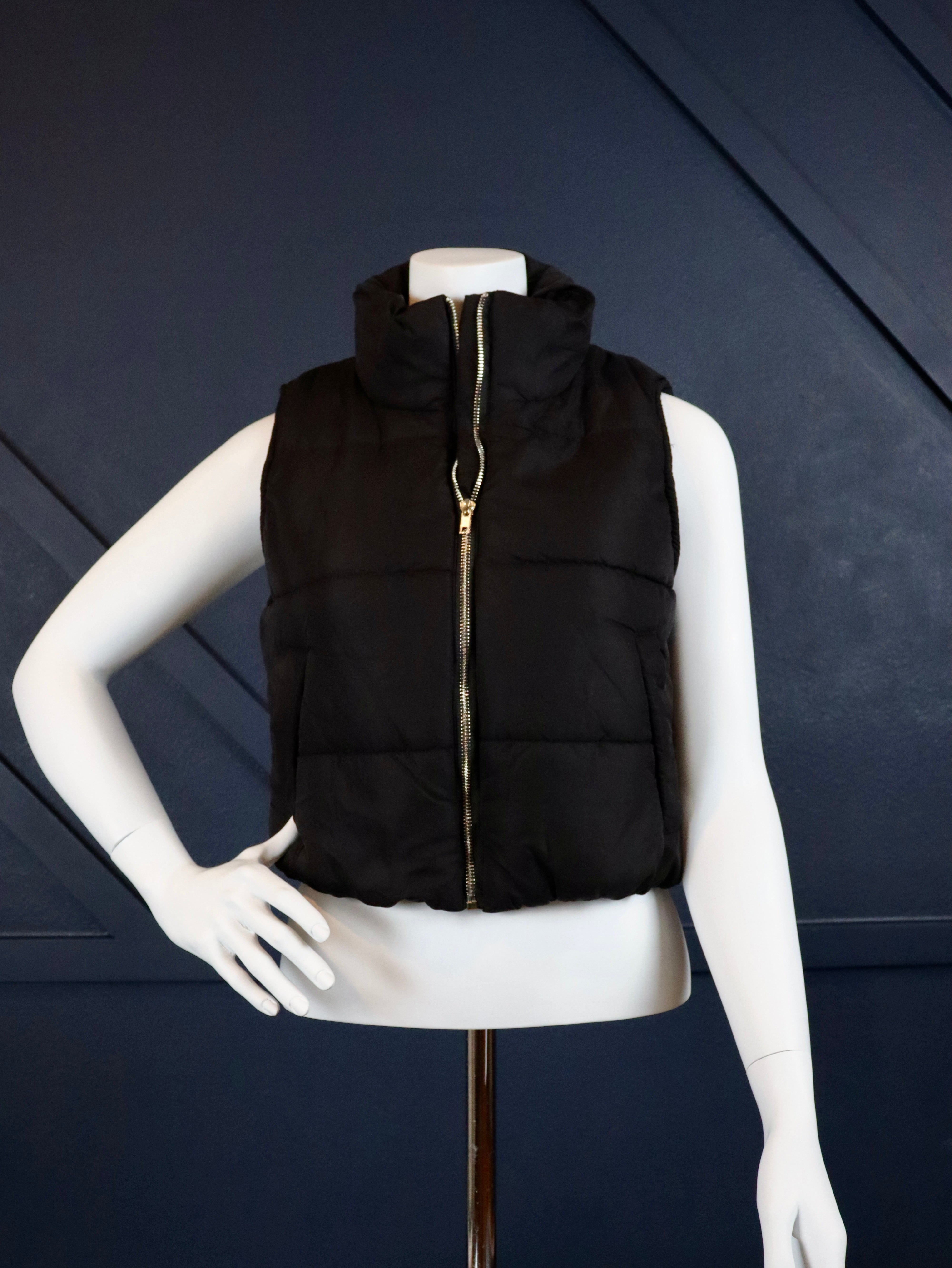 CROPPED HIGH NECK ZIP-UP PUFFER VEST
high neck zip-up crop puffer vest in faux leather and black
Fully lined with two functional side pockets and metal zipper
Elasticized at bottom opening
100% POLYESTER
