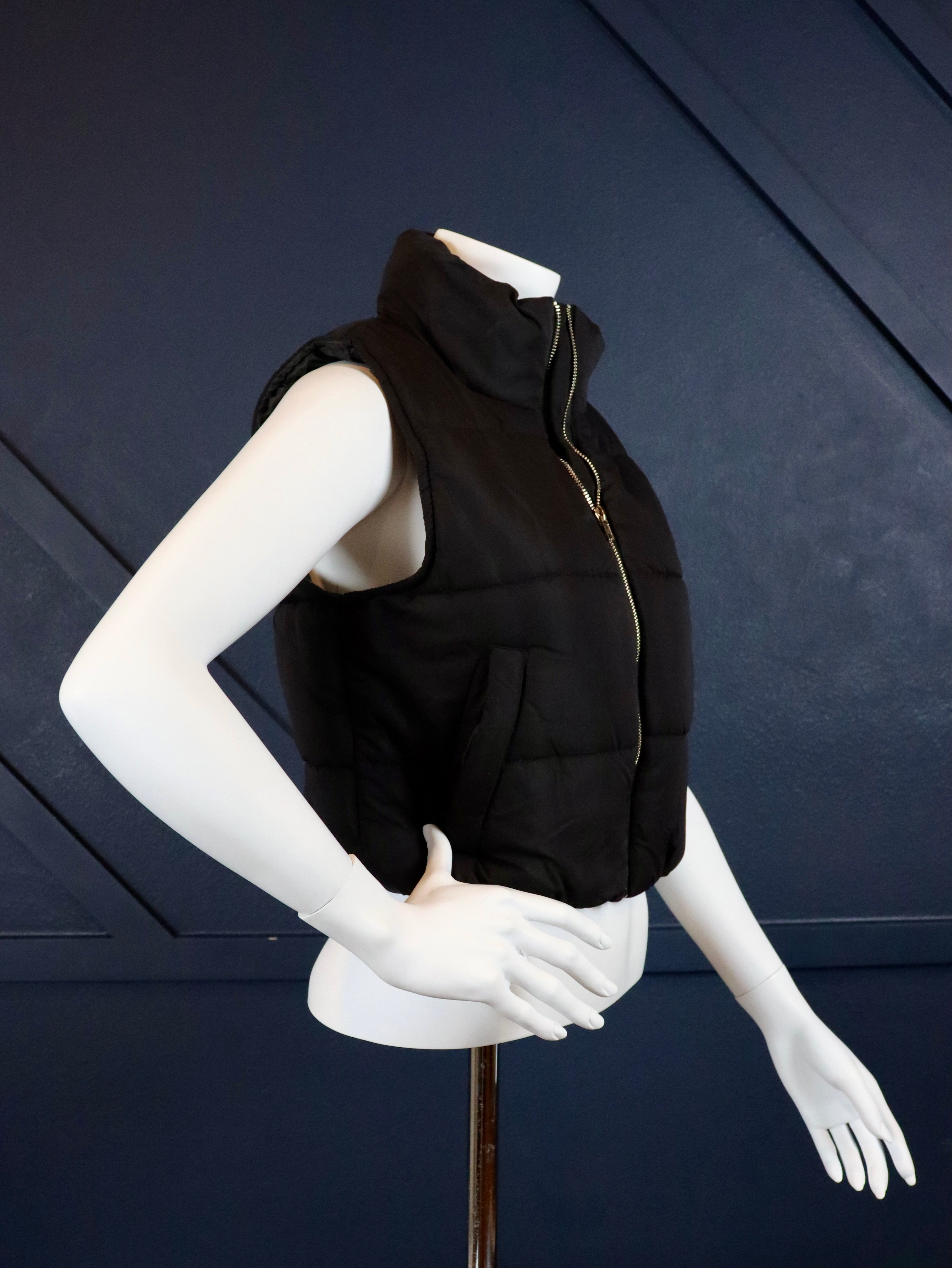 CROPPED HIGH NECK ZIP-UP PUFFER VEST
high neck zip-up crop puffer vest in faux leather and black
Fully lined with two functional side pockets and metal zipper
Elasticized at bottom opening
100% POLYESTER