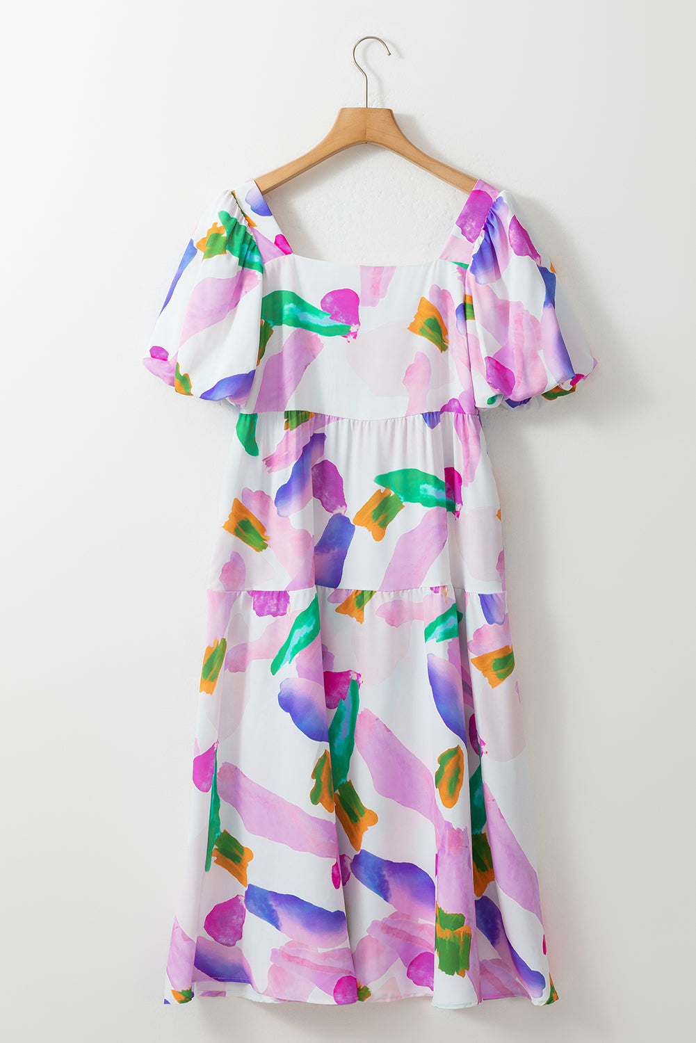 Purple abstract print puff sleeve smocked back dress.

Size 8
Bust: 34", Length: &nbsp;39", Sleeve Length: &nbsp;12"
100% Polyester
Delicate wash, hang to dry.