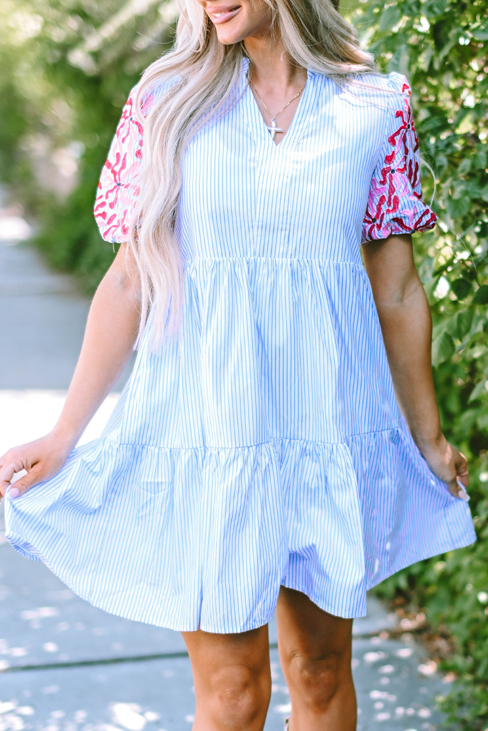 Blue Striped puff embroidered sleeve dress.

Small (Size 4-6)&nbsp;Bust: 37", Length: &nbsp;36", Sleeve Length: &nbsp;12", Waist: &nbsp;38"
Medium (Size 8-10) Bust: 40", Length: &nbsp;37", Sleeve Length: &nbsp;12", Waist: &nbsp;40"
Large (Size 10-12)Bust: 42", Length: &nbsp;37", Sleeve Length: &nbsp;12", Waist: &nbsp;42"
65% Polyester, 35% Cotton
Delicate wash, hang to dry.