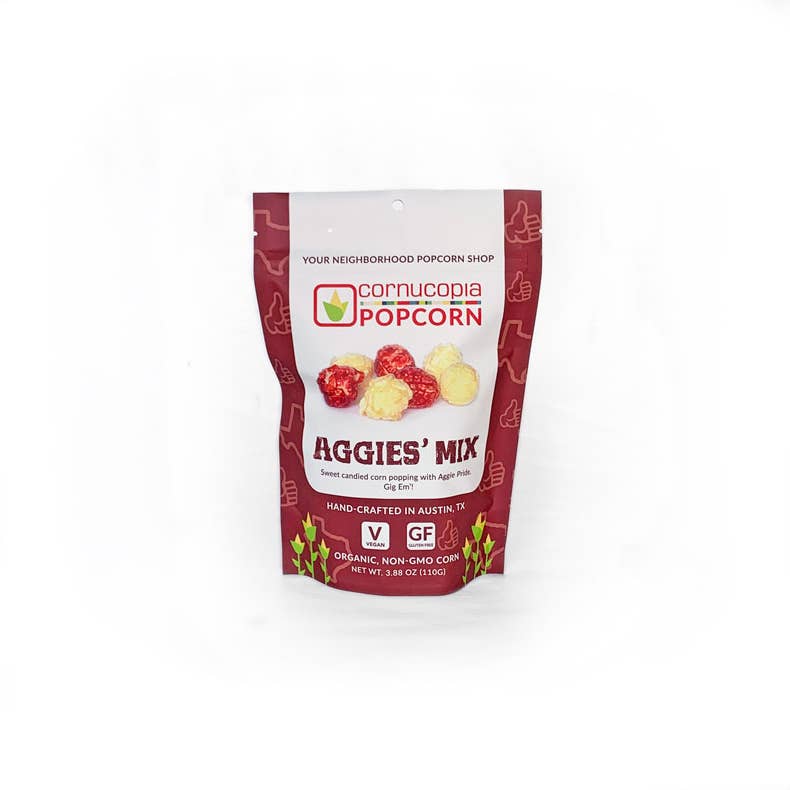 Aggie Mix Popcorn

Maroon and white candied popcorn
3 cups per bag.
Handmade with Organic Corn, pure cane sugar, NO high fructose corn syrup.