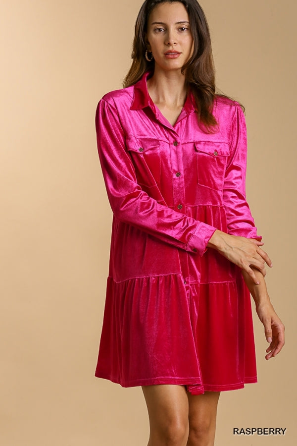 Velvet Long Sleeve Collar Button Down Tiered Dress   Roomy Fit POCKETS! 100% Polyester Unlined Made by Umgee