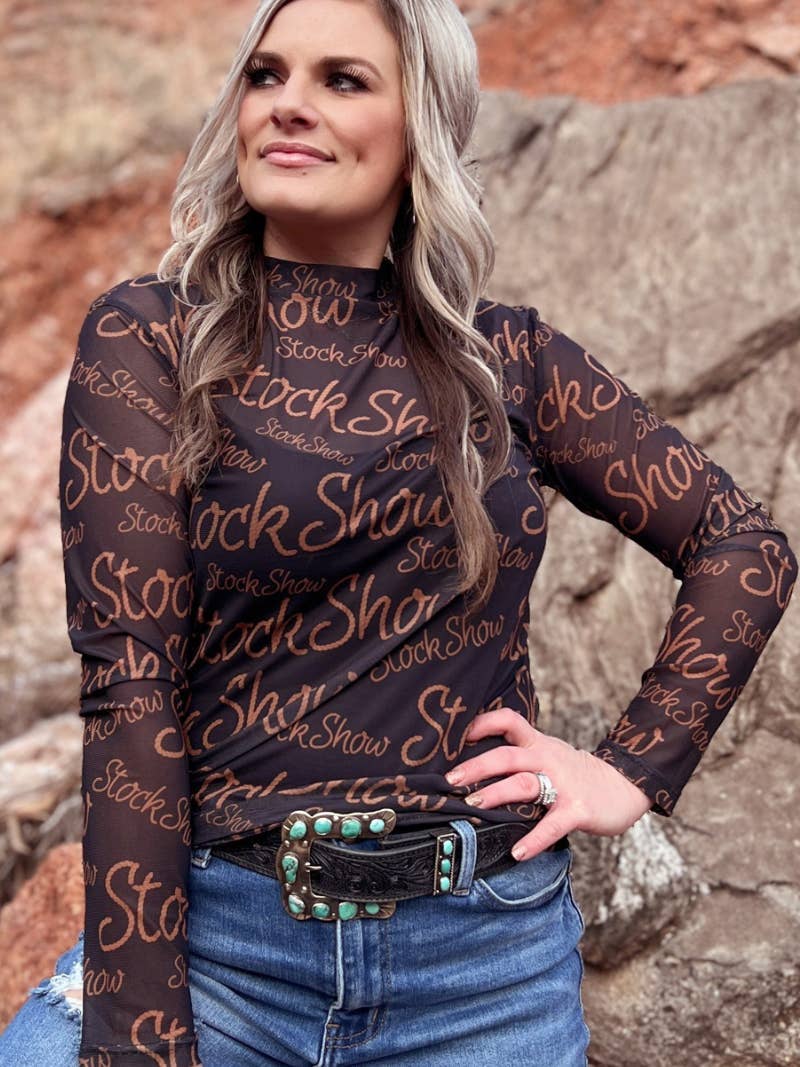Black long sleeve mesh top with stock show print.

True to size.
96% Polyester 4% Spandex
Small- Chest: 34"
Made by Sterling Creek.