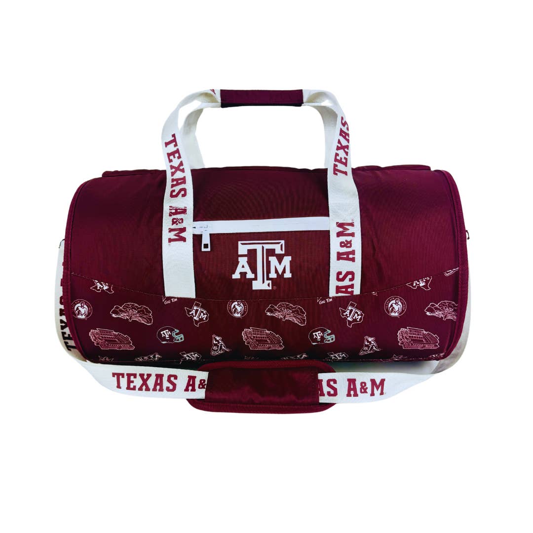 Texas A&amp;M university travel duffel bag with integrated cooler

Holds 18-30 cans; high-performance nylon exterior; double insulated; 2.5 lbs
Waterproof and leakproof; carry-on size for travel and tailgating
Made by Varsity Cooler.