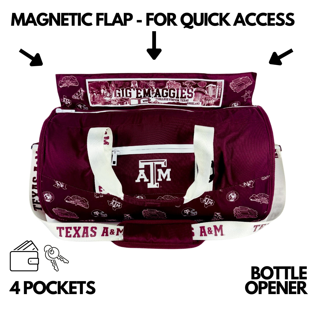 Texas A&amp;M university travel duffel bag with integrated cooler

Holds 18-30 cans; high-performance nylon exterior; double insulated; 2.5 lbs
Waterproof and leakproof; carry-on size for travel and tailgating
Made by Varsity Cooler.