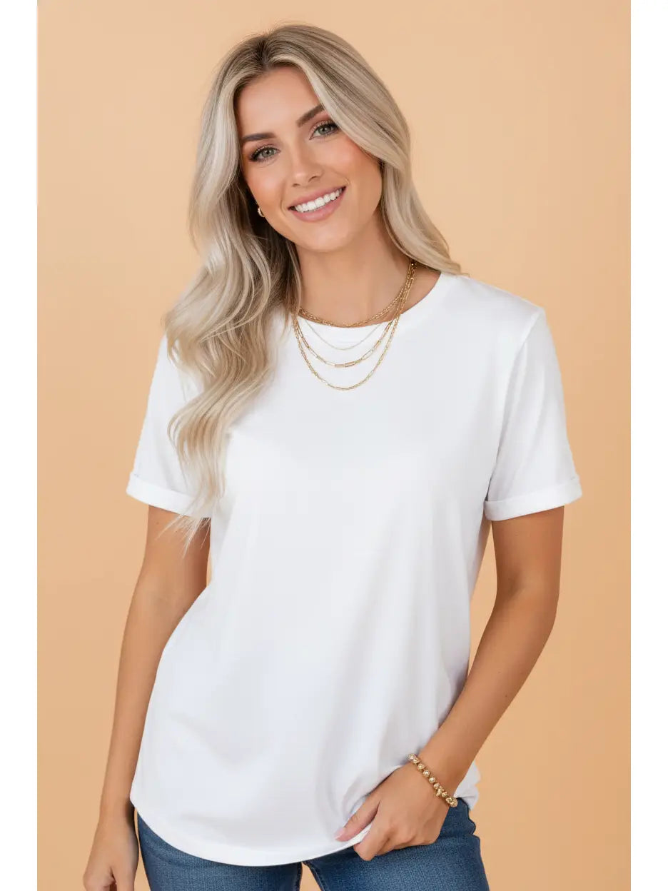 Short sleeve soft T-Shirt.

Crafted from a soft breathable polyester/cotton/spandex blend.
True to size.&nbsp;
Delicate wash, hang to dry.