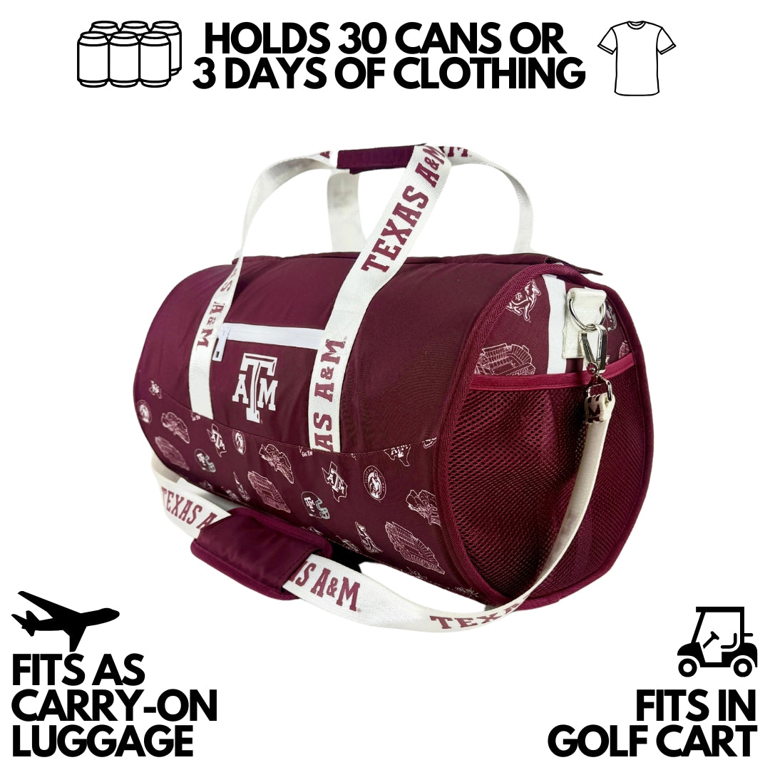 Texas A&amp;M university travel duffel bag with integrated cooler

Holds 18-30 cans; high-performance nylon exterior; double insulated; 2.5 lbs
Waterproof and leakproof; carry-on size for travel and tailgating
Made by Varsity Cooler.