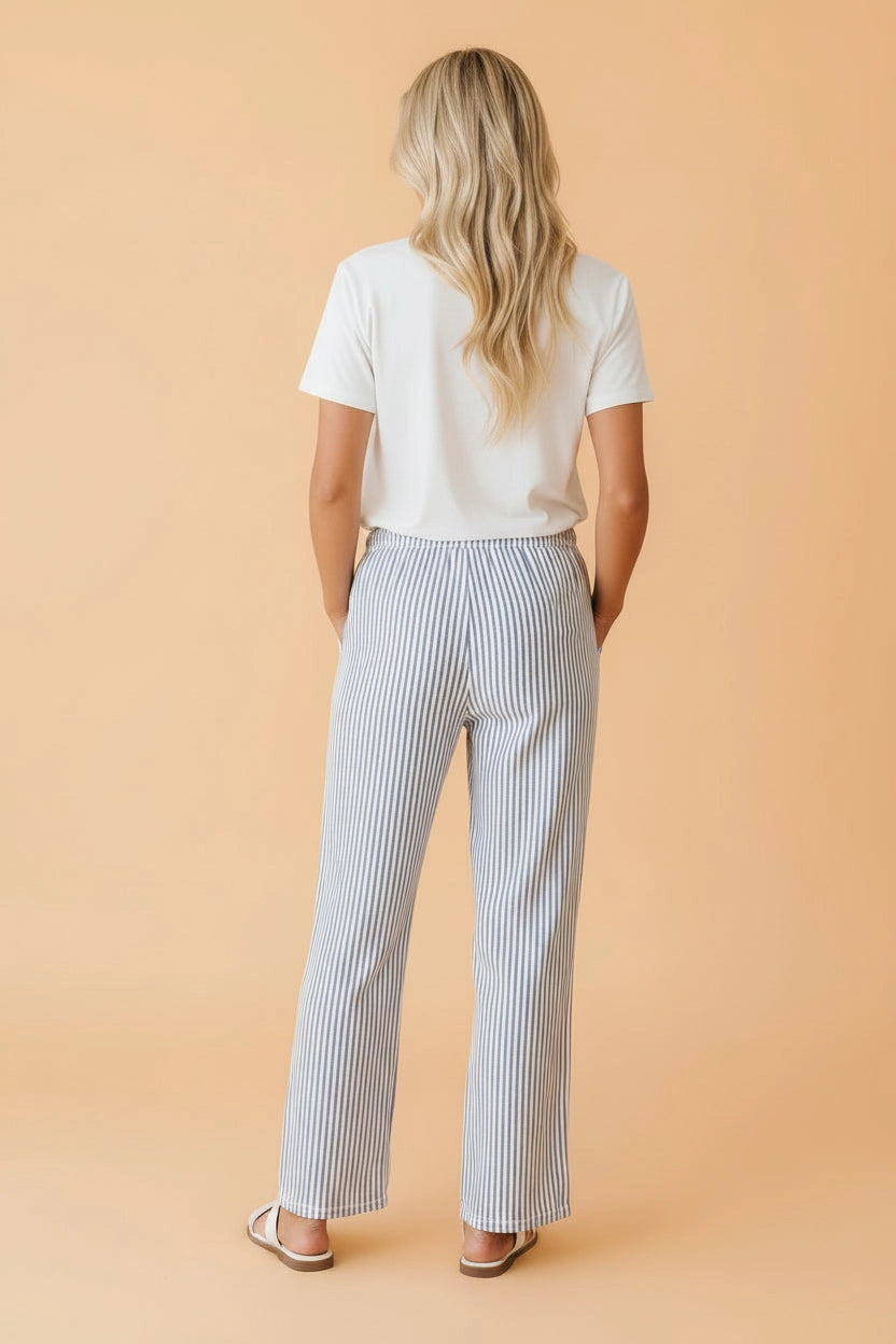 Classic striped wide leg pants.

Medium (Size 8-10) Inseam: 27.6", Front Rise: 13.4", Hip: 43.3"
Crafted from a soft, polyester cotton spandex blend.
Classic striped pattern brings timeless style to your wardrobe.
The functional drawstring waist lets you customize the fit for all-day comfort, while side seam pockets keep your essentials within reach.
Relaxed wide leg silhouette delivers breathable airflow and unrestricted movement, making these ankle length pants perfect for warm weather wear.&nbsp;
Delicat