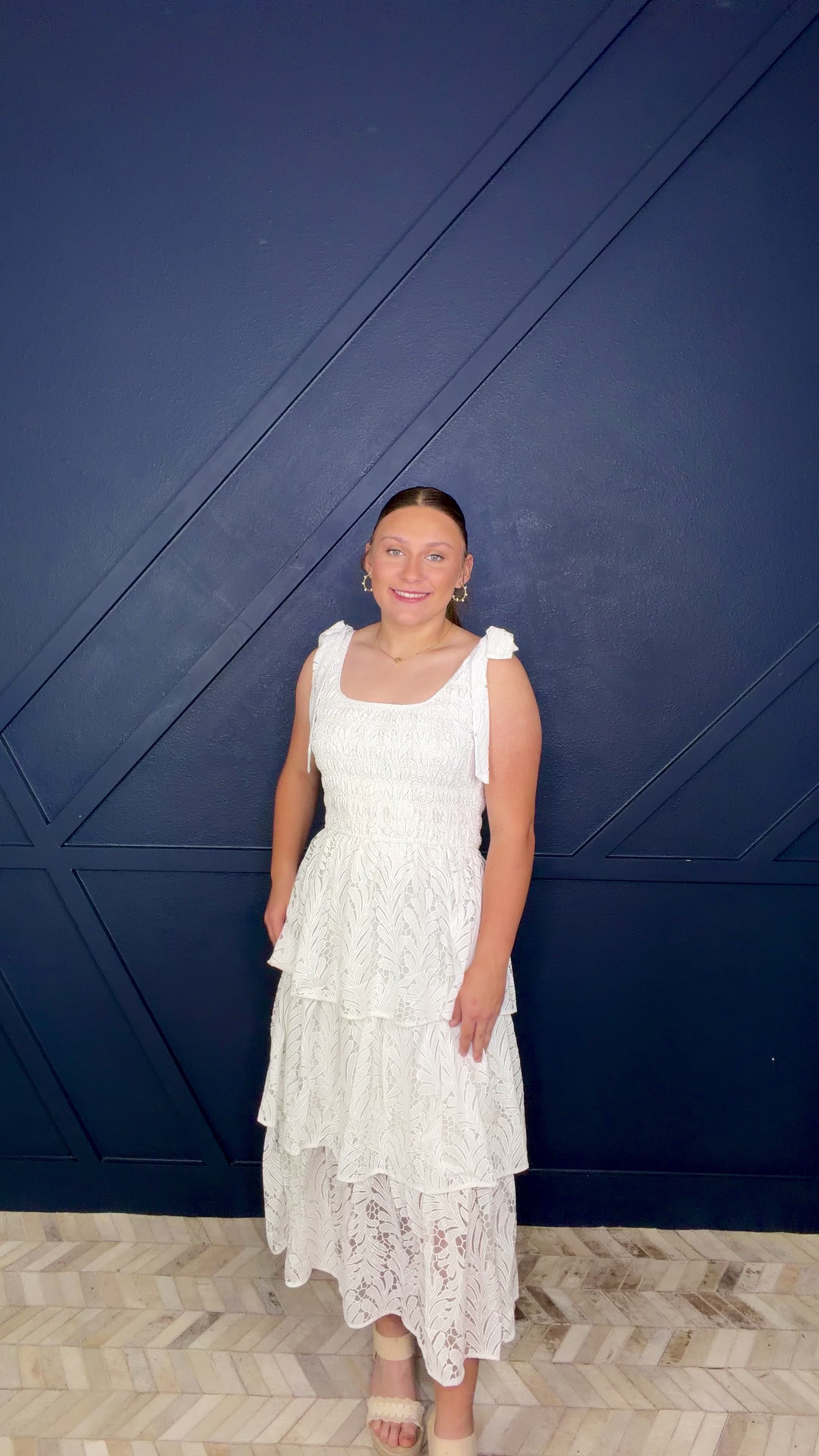 White sleeveless lace tiered midi dress