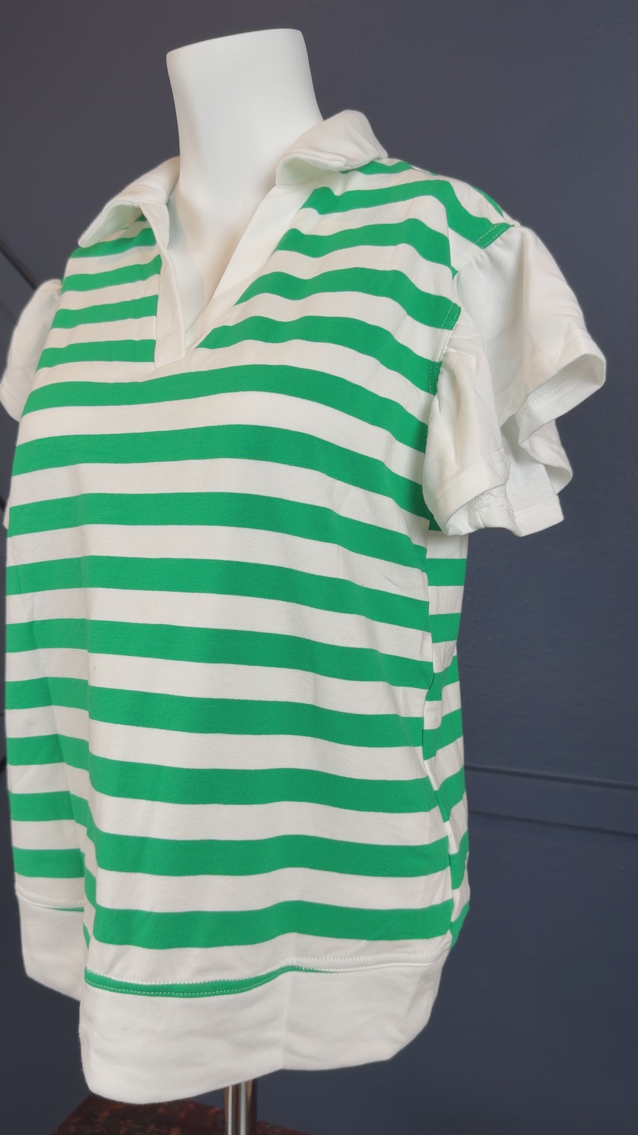 Short ruffle sleeve collared v-neck blouse.

Crafted from a soft breathable 95% cotton 5% elastane&nbsp;blend.
Relaxed fit.&nbsp;
Delicate wash, tumble dry low.