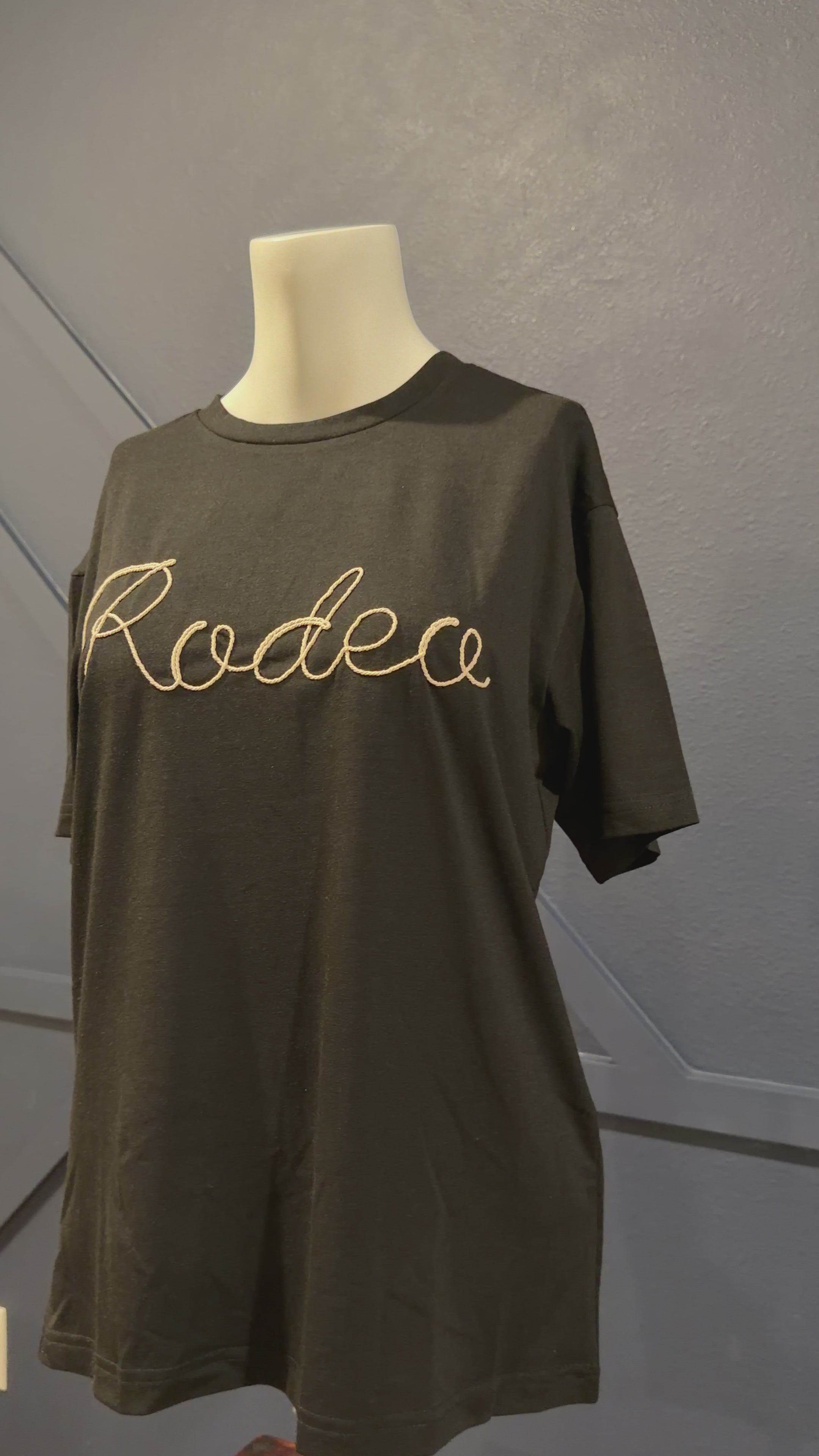 Black t-shirt with rodeo in rope embroidery. 
3D rope embroidery:)
75% Polyester, 20% Rayon, 5% Spandex
True to size.
Made by 2 FLY