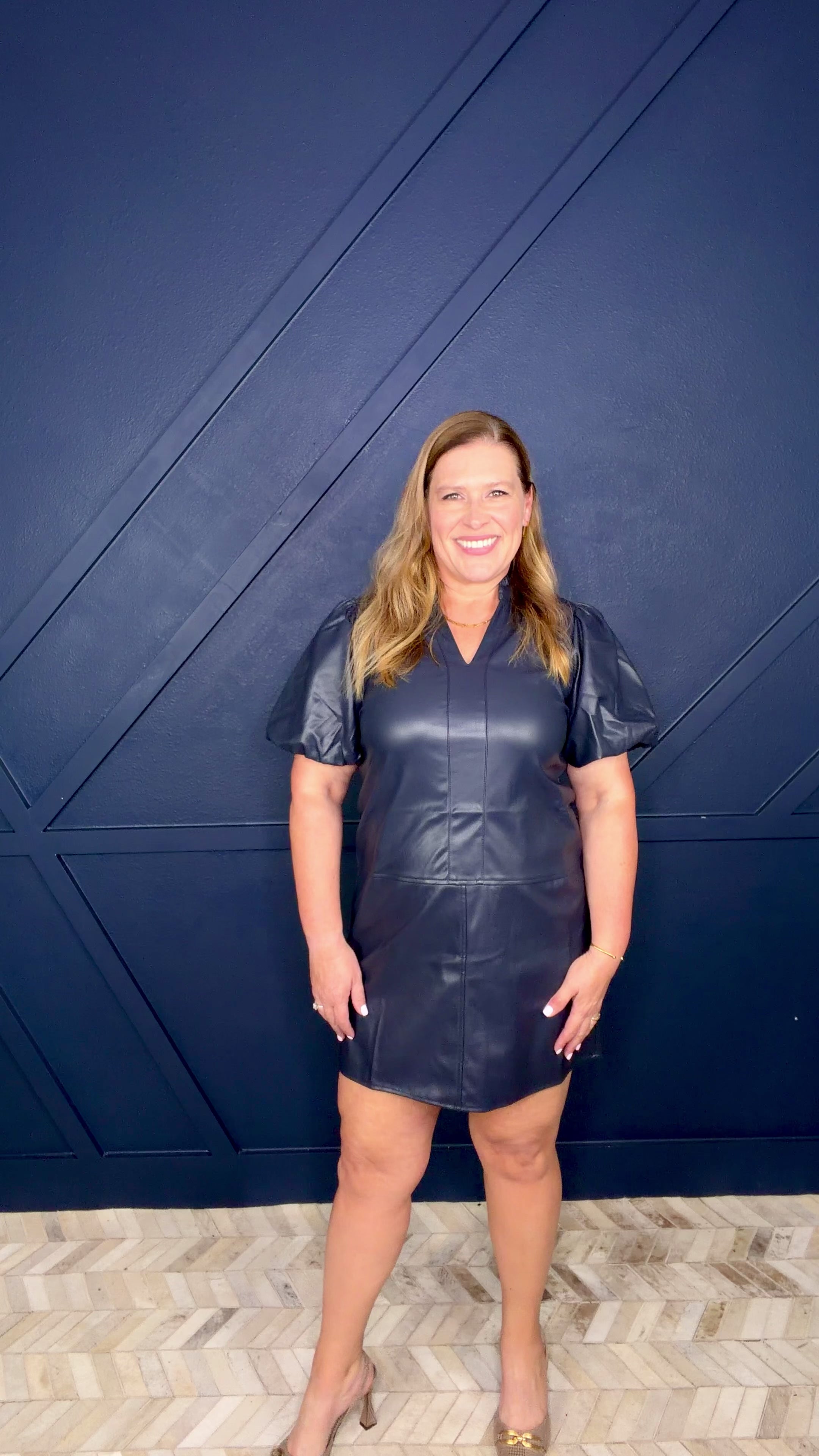 Puff Sleeve Faux Leather Midi Dress
