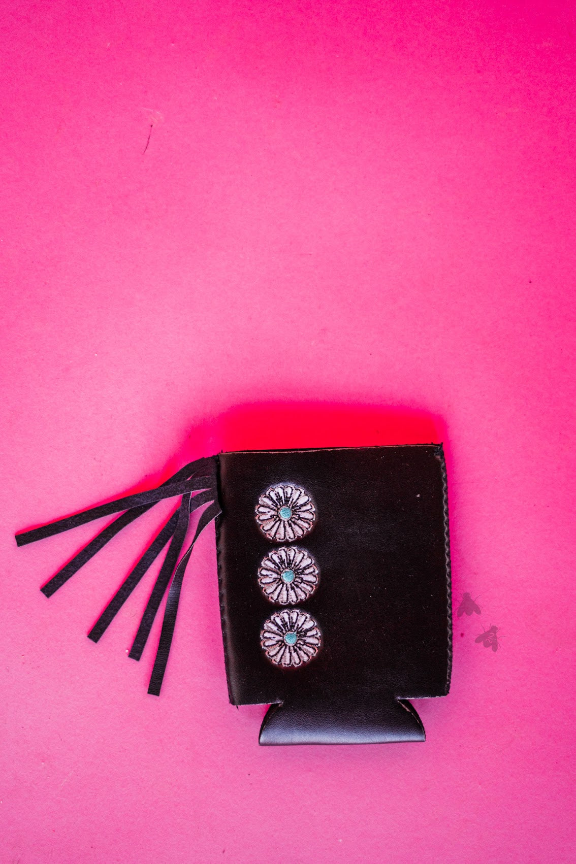 Black Koozie FRINGE.;)  Faux leather (neoprene) with embroidered conchos and FrInGe. 5" x 3.5" Made by 2 FLY