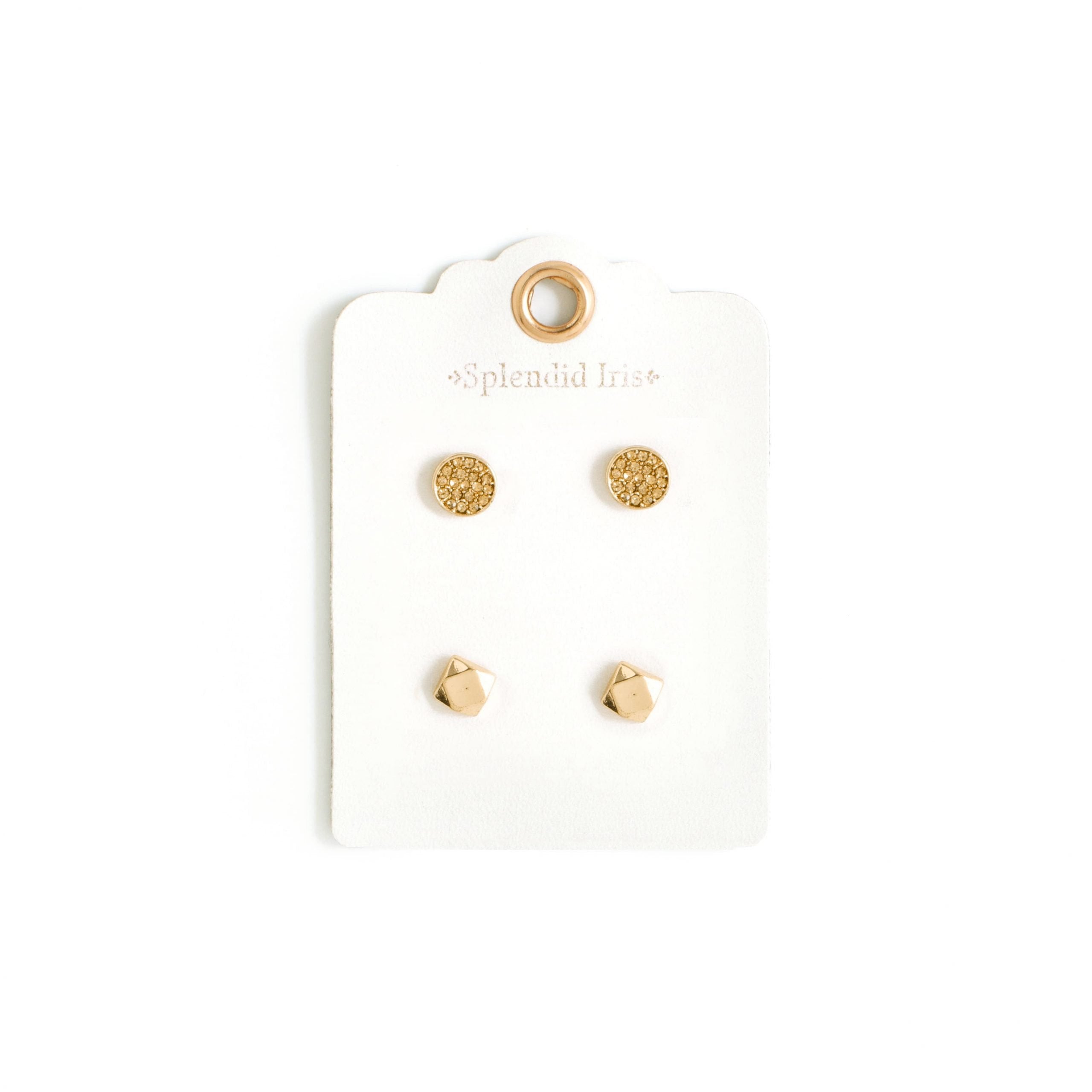 Two pairs of small gold studs.  Gold pave circle and gold geometric stud.