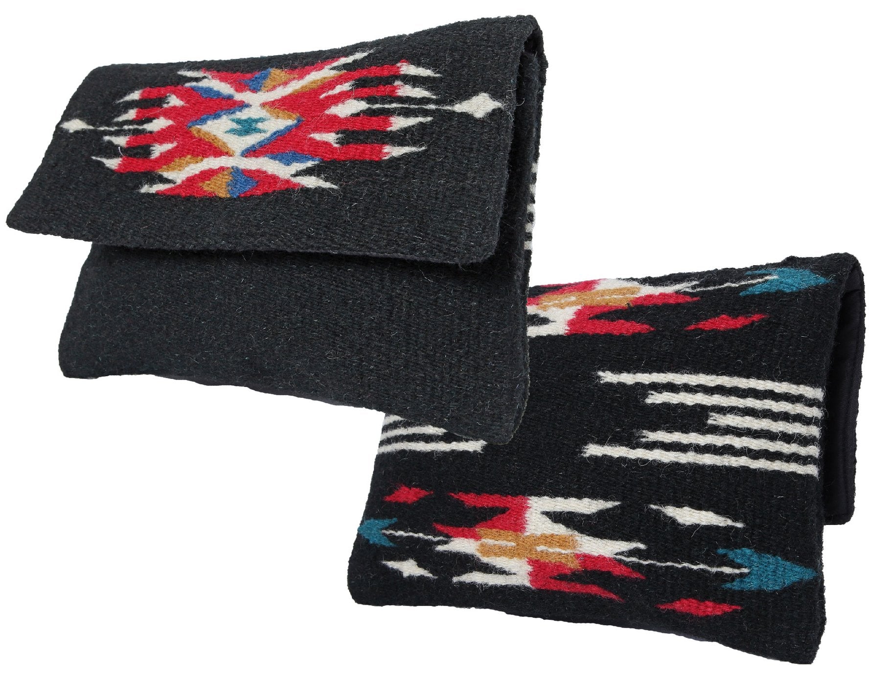 Handcrafted wool clutch purse with intricate Chimayo-style designs on both front and back.   magnetic snap closure  fully lined interior with an inside zippered pocket Imported, apx. 11.5" x 8.5"