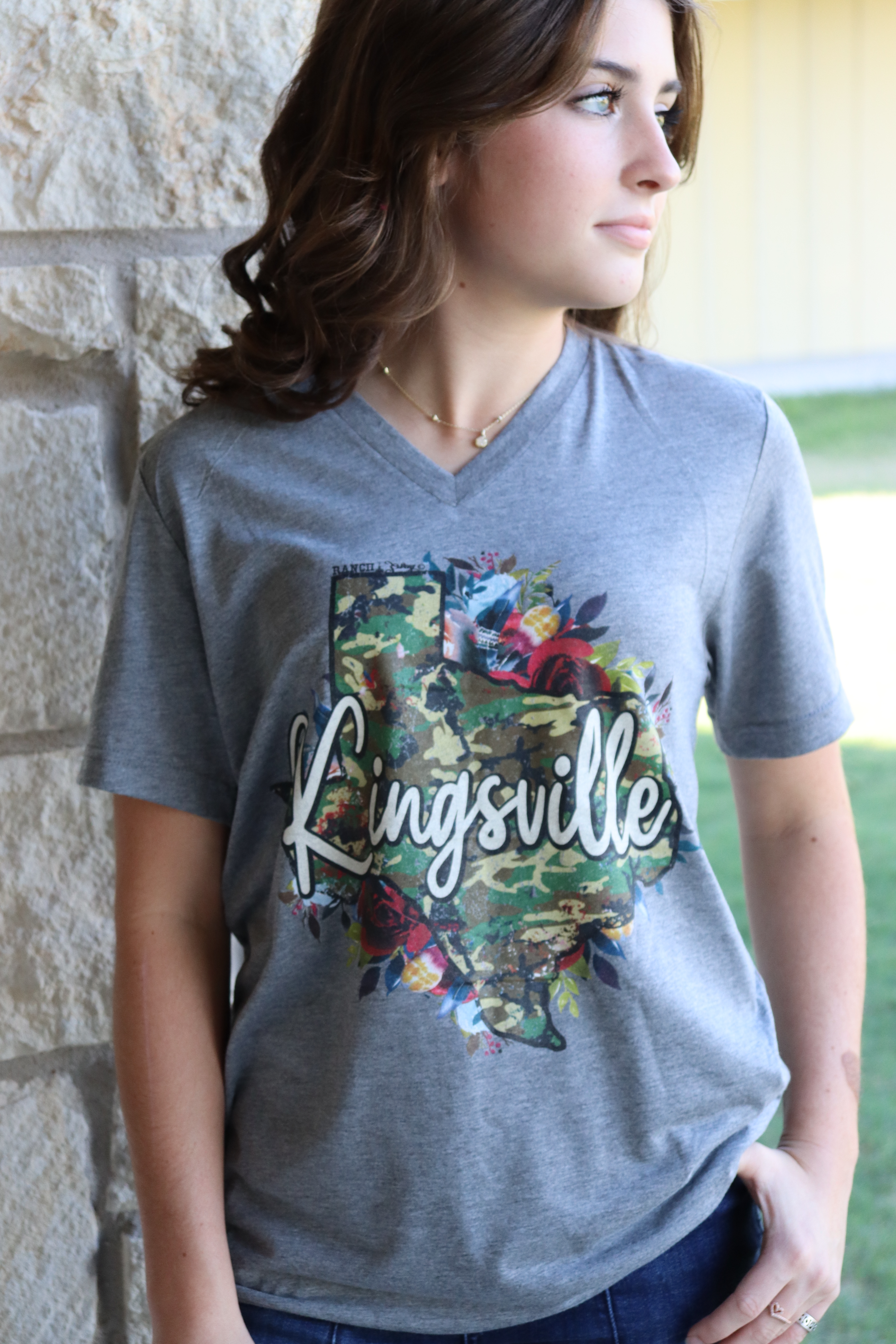 Camo Kingsville v-neck t-shirt in heather gray.  Unisex fit V-neck Bella Canvas Triblend 50% Polyester 25% Cotton 25% Rayon