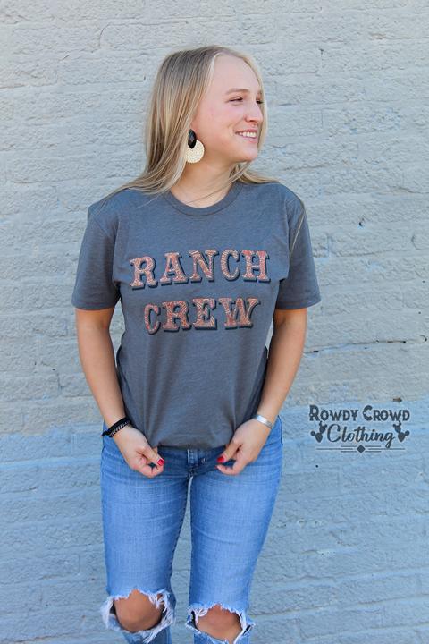 Ranch Crew T-Shirt  Gray with leather tooled print lettering Unisex fit 52% cotton 48% polyester