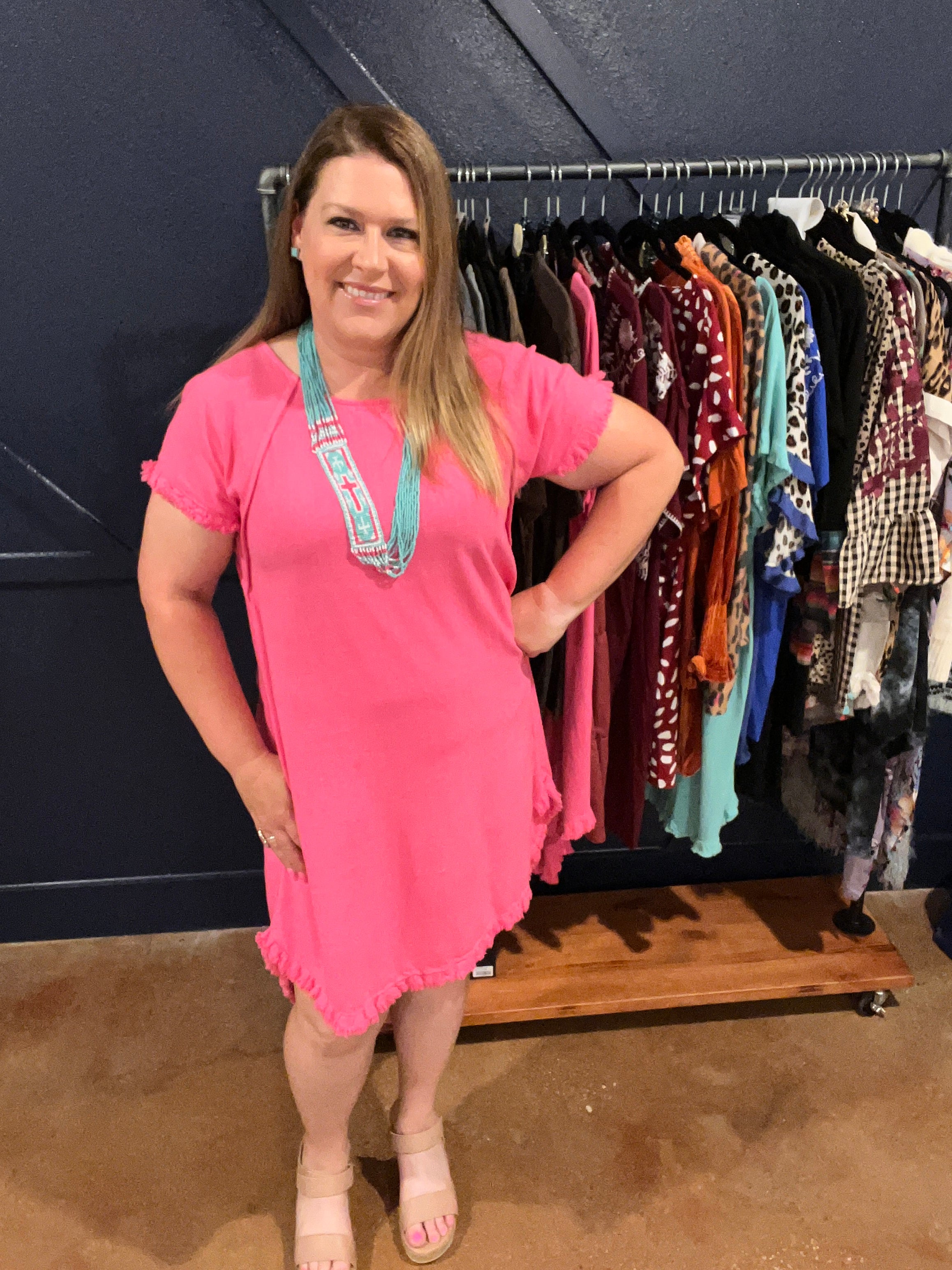 Linen Blend Round Neck with Fringe Short Sleeves and a High Low Scoop Hem  Roomy fit Has Pockets! 55% Linen, 45% Cotton Made by Umgee