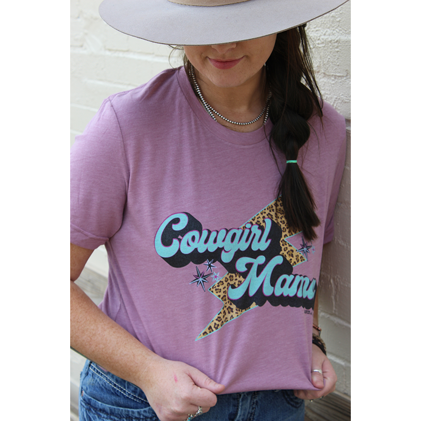 Cowgirl mama crew neck t-shirt in heather orchid.  Unisex fit Crew Neck Bella Canvas Triblend 50% Polyester 25% Cotton 25% Rayon