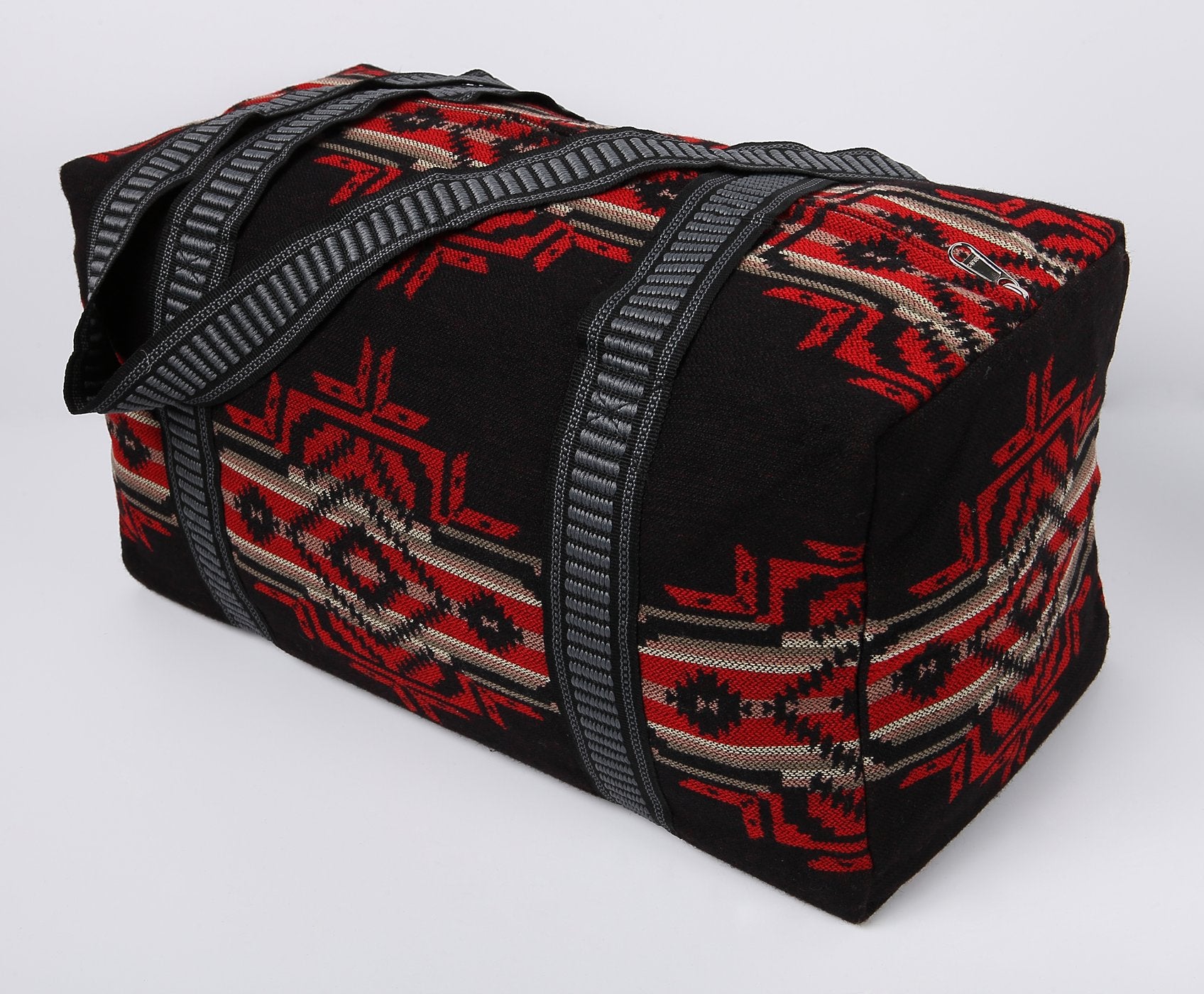 Woven duffel bag in striking colors and patterns.  zipper closure and sturdy woven straps.  Apx. 18" X 8" X 8"