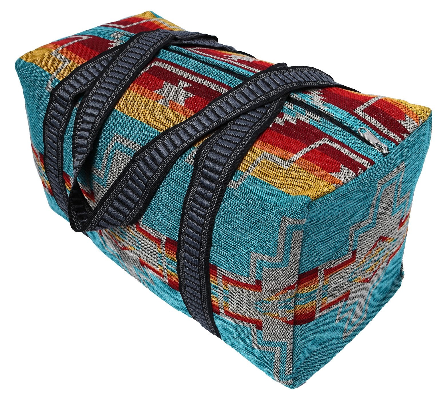 Woven duffel bag in striking colors and patterns.  zipper closure and sturdy woven straps.  Apx. 18" X 8" X 8"