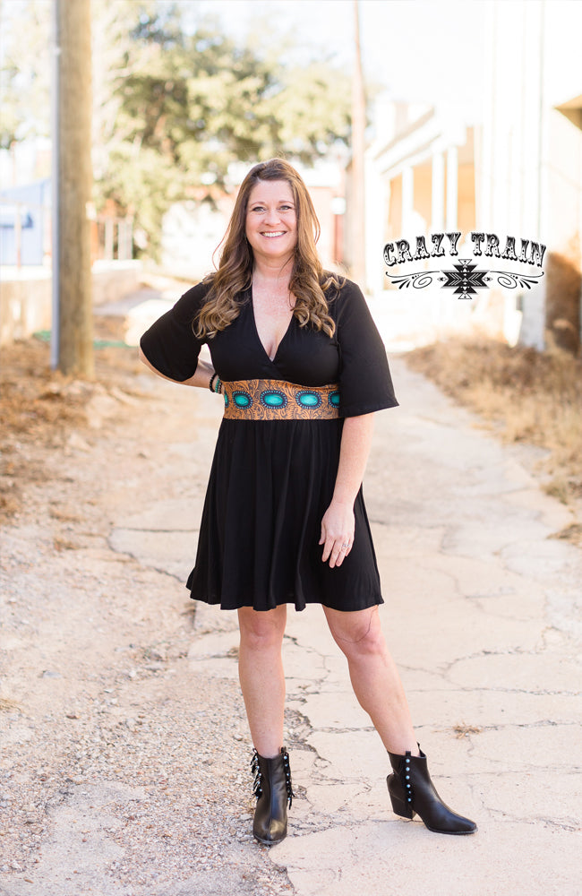 Black V-Neck Dress with printed turquoise belt  Figure Flattering 95% Rayon, 5% Spandex Medium= 8/10 Made by Crazy Train