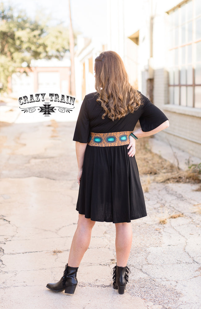 Black V-Neck Dress with printed turquoise belt  Figure Flattering 95% Rayon, 5% Spandex Medium= 8/10 Made by Crazy Train