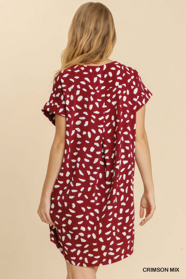 Crimson V-Neck Mix Print Dress with Folded Lapel Details  100% Polyester Roomy & Flowy POCKETS! Unlined Made by Umgee