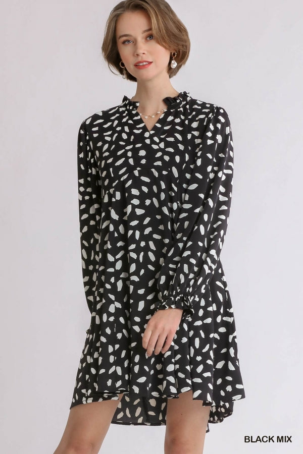 Animal Print Split Neck Long Puff Sleeve Dress with No Lining.  100% Polyester