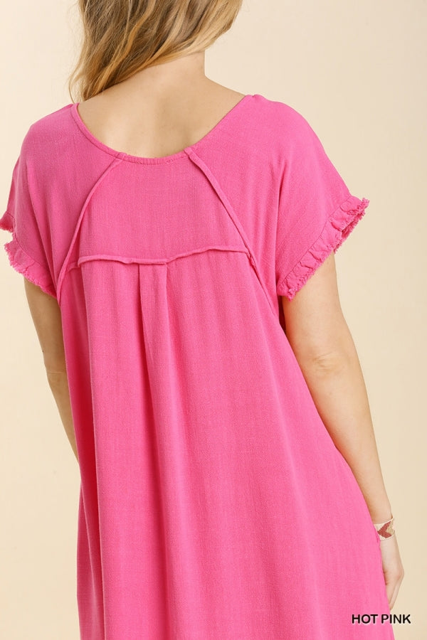 Linen Blend Round Neck with Fringe Short Sleeves and a High Low Scoop Hem  Roomy fit Has Pockets! 55% Linen, 45% Cotton Made by Umgee