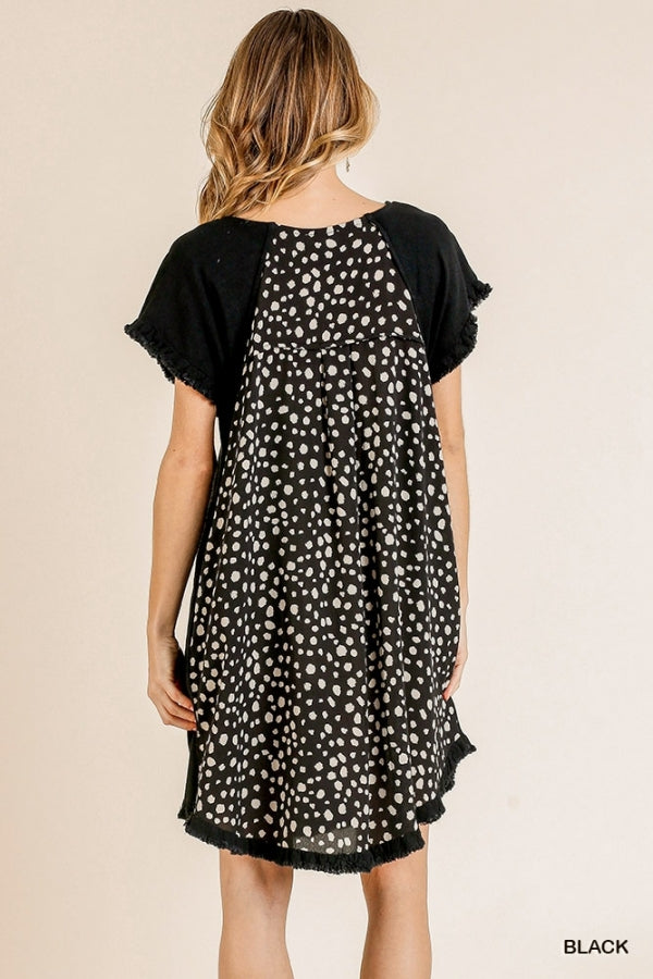 Linen Blend Short Ruffle Sleeve Round Neck Dress with Dalmatian Print Back  Roomy fit Made by Umgee