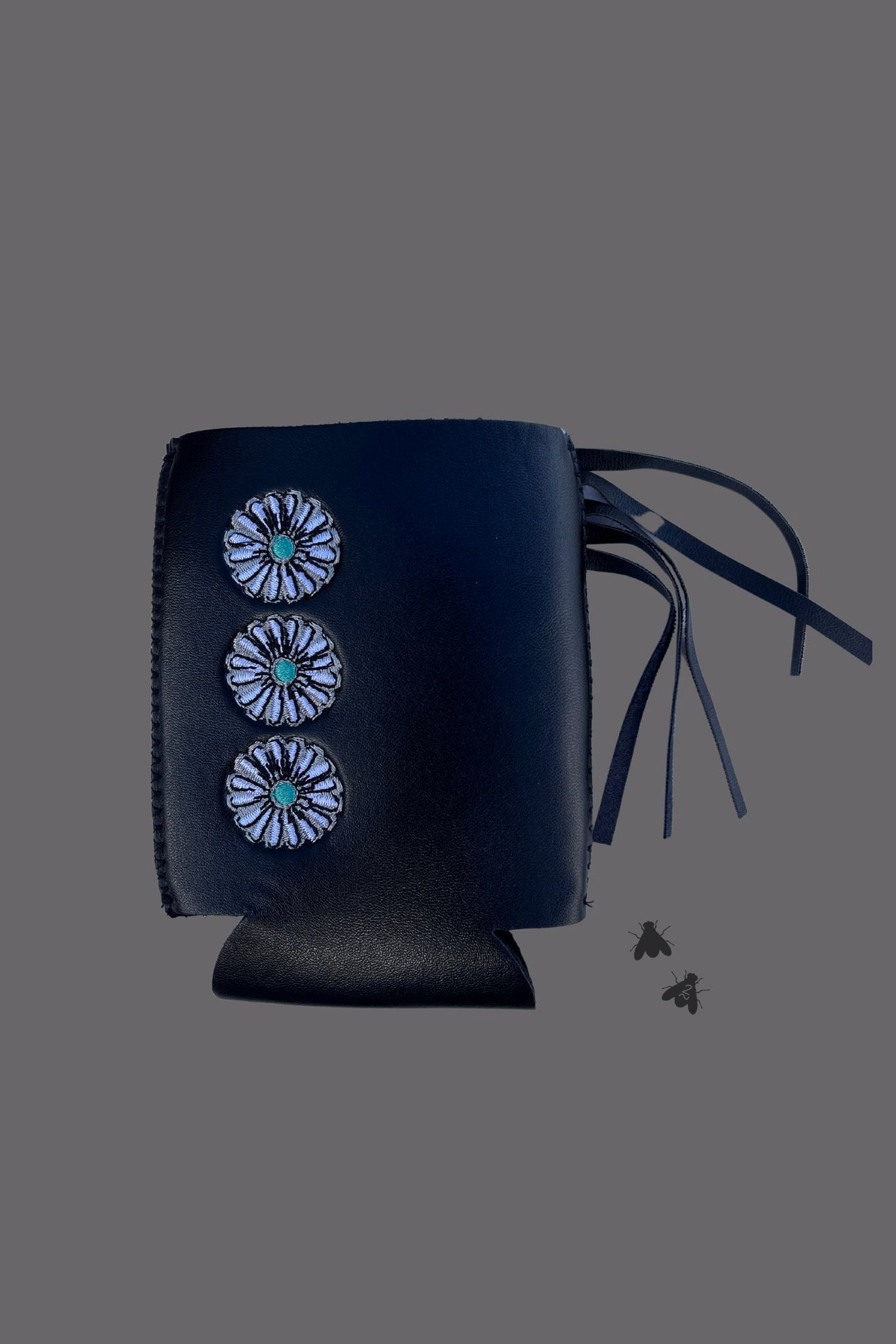 Black Koozie FRINGE.;)  Faux leather (neoprene) with embroidered conchos and FrInGe. 5" x 3.5" Made by 2 FLY