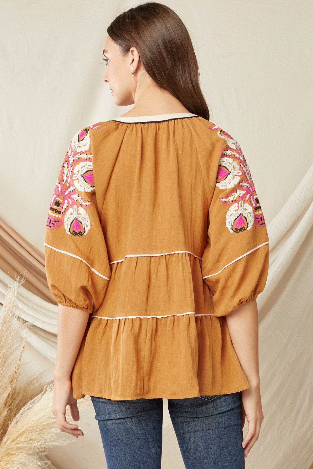 Mustard blouse with pink embroidered sleeves by Entro