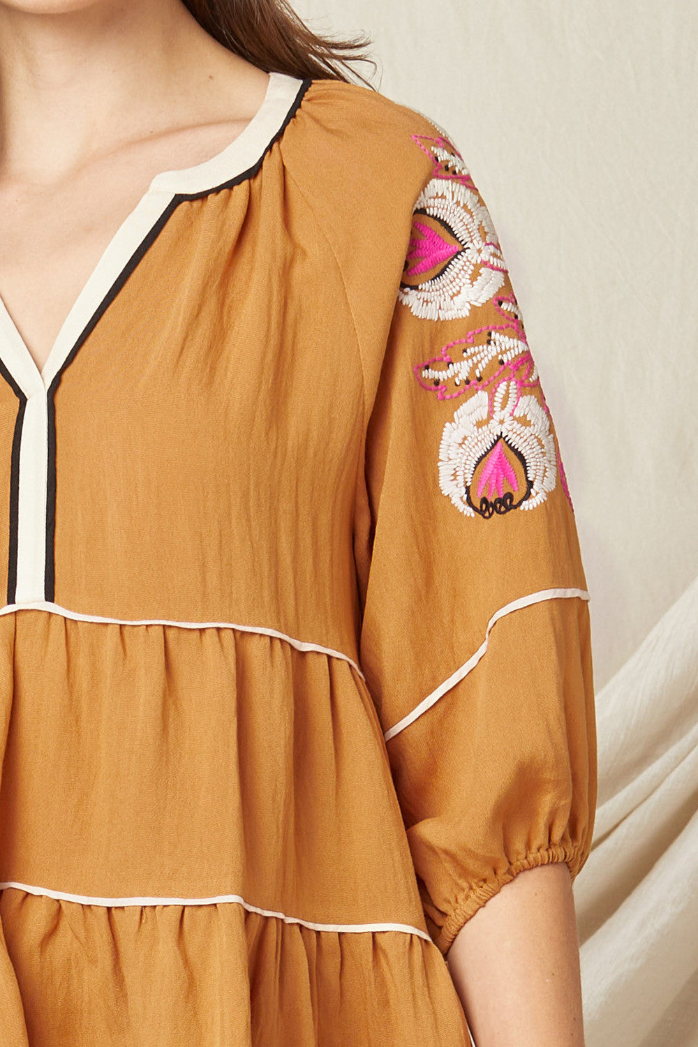 Mustard blouse with pink embroidered sleeves by Entro